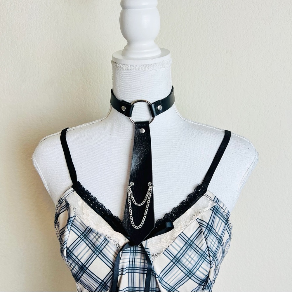 NWT Black Leather & Chain Neck Tie Choker Necklace